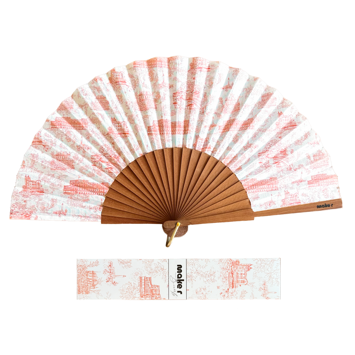 Éventail pliant Signature Biarritz Make R en bois et toile imprimée terracotta, avec son coffret assorti