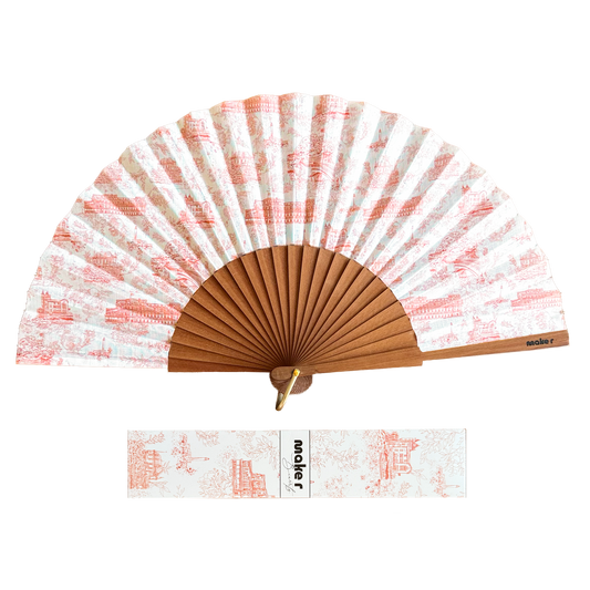Éventail pliant Signature Biarritz Make R en bois et toile imprimée terracotta, avec son coffret assorti